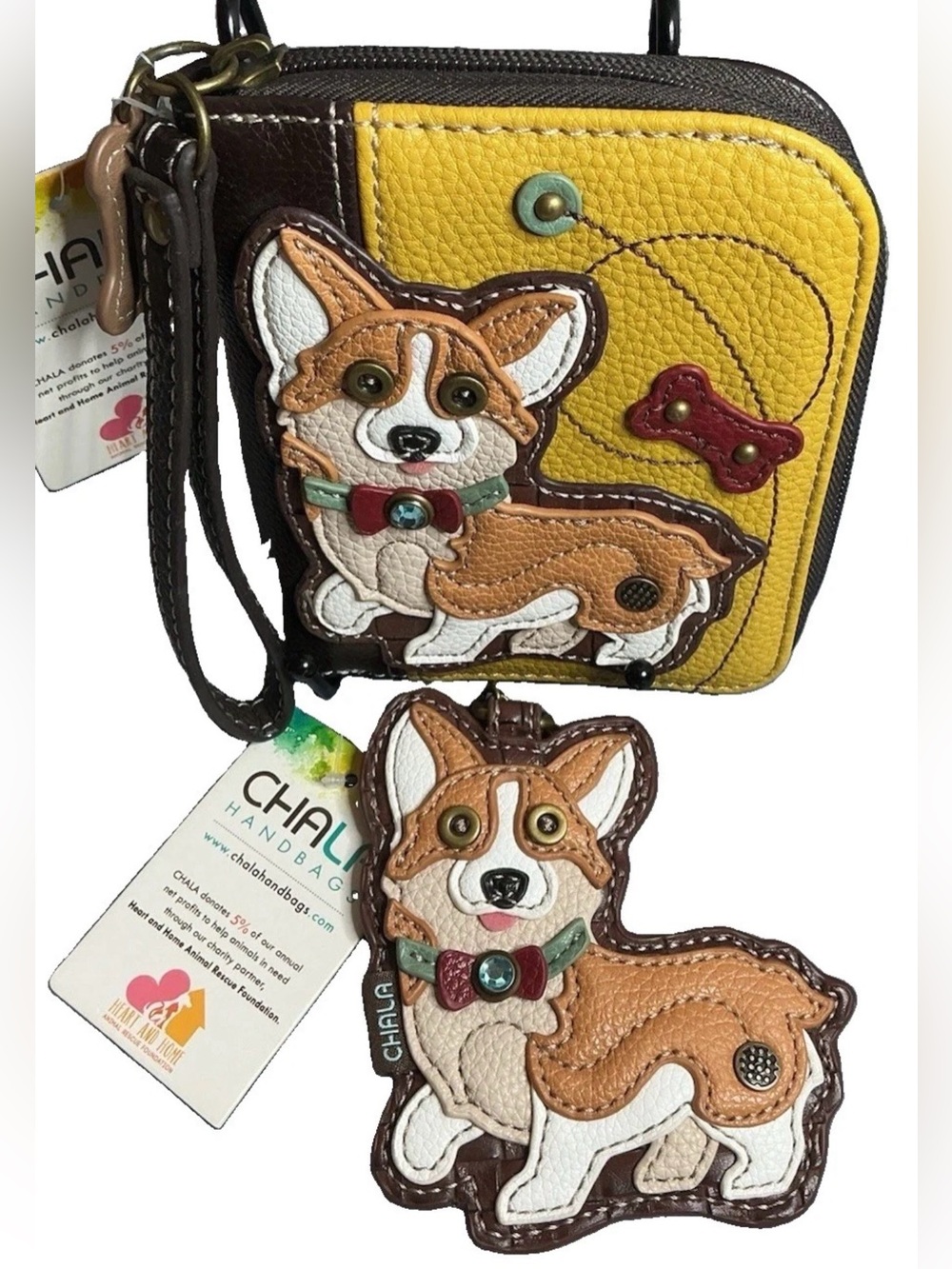 Chala Yellow & Brown Corgi Wristlet Wallet with Corgi Charm